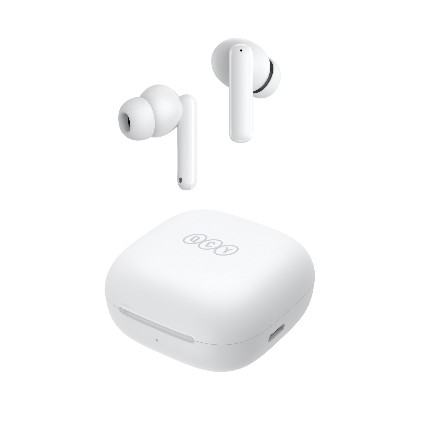 White QCY T13 ANC earbuds floating above charging case, front-angled view showing sleek design and LED indicator