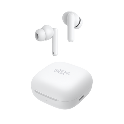 White QCY T13 ANC earbuds floating above charging case, front-angled view showing sleek design and LED indicator