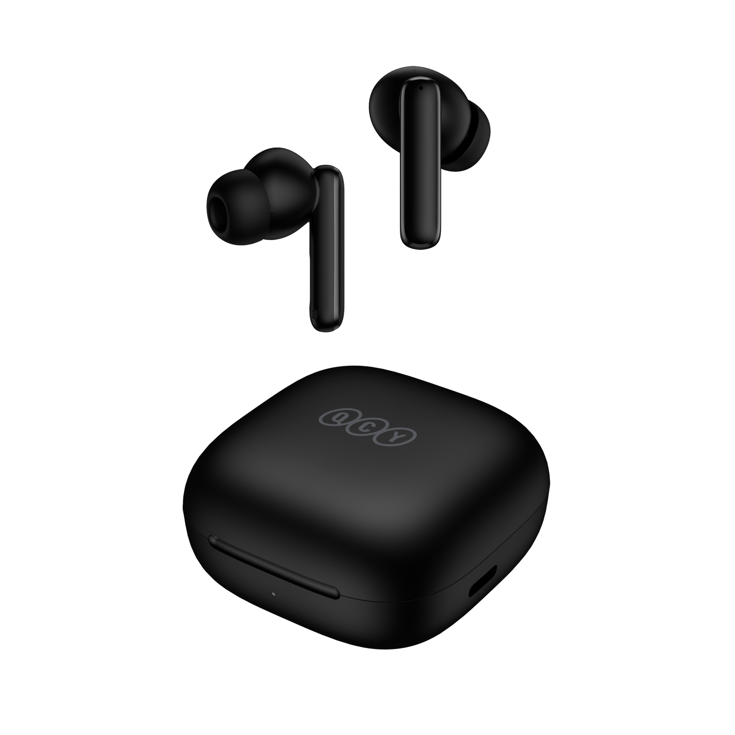 Black QCY T13 ANC earbuds floating above charging case, front-angled view showing sleek design and LED indicator