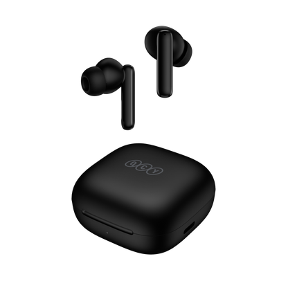 Black QCY T13 ANC earbuds floating above charging case, front-angled view showing sleek design and LED indicator