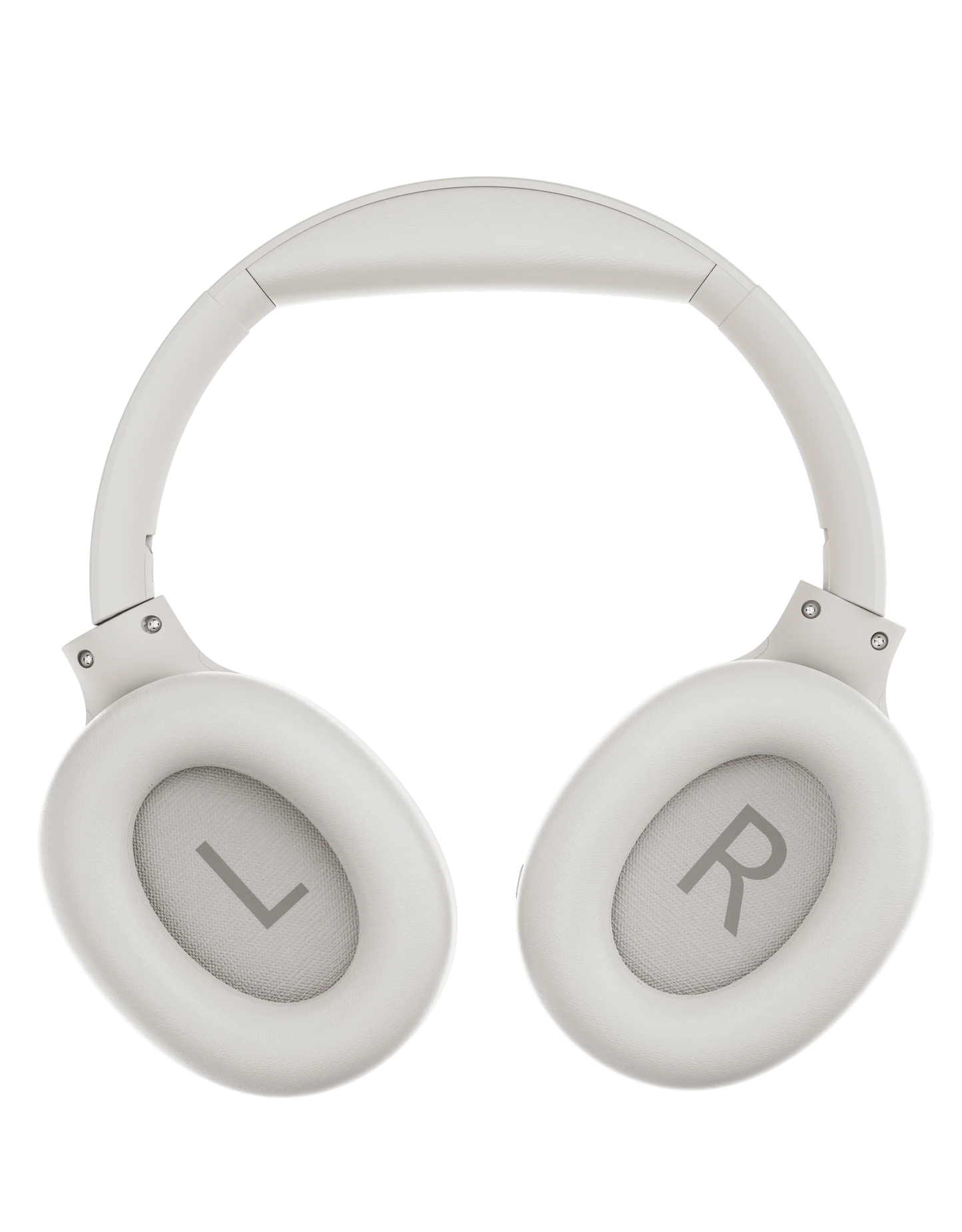 White QCY H3 headphones showing L and R indicators inside earcups, top view on white background.