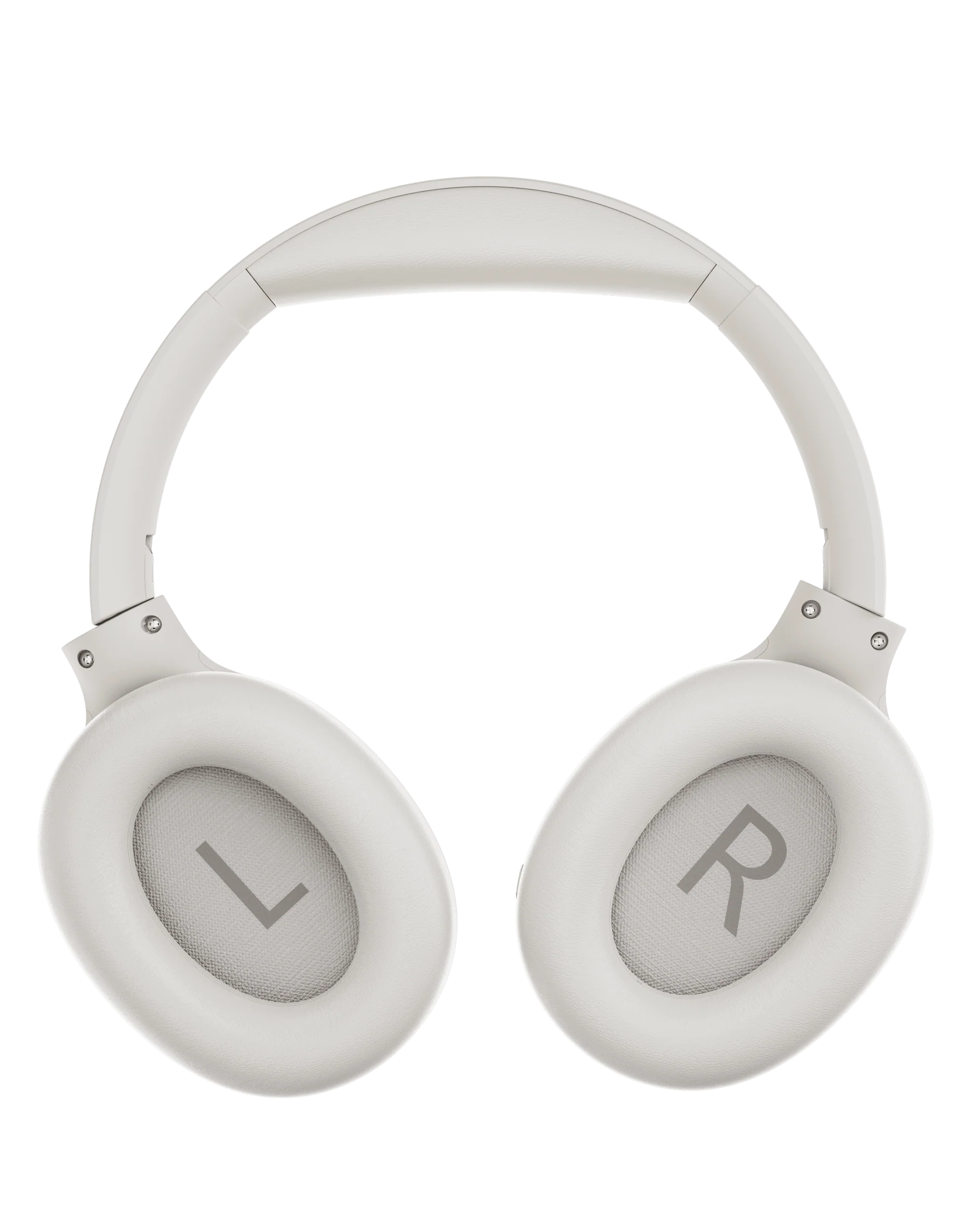 White QCY H3 headphones showing L and R indicators inside earcups, top view on white background.