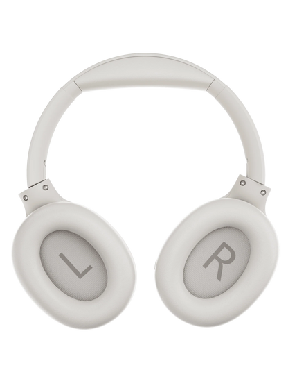 White QCY H3 headphones showing L and R indicators inside earcups, top view on white background.