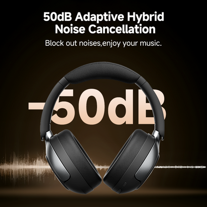 Black QCY H3 Pro headphones with 50dB adaptive hybrid noise cancellation, blocking out noise for better music enjoyment.