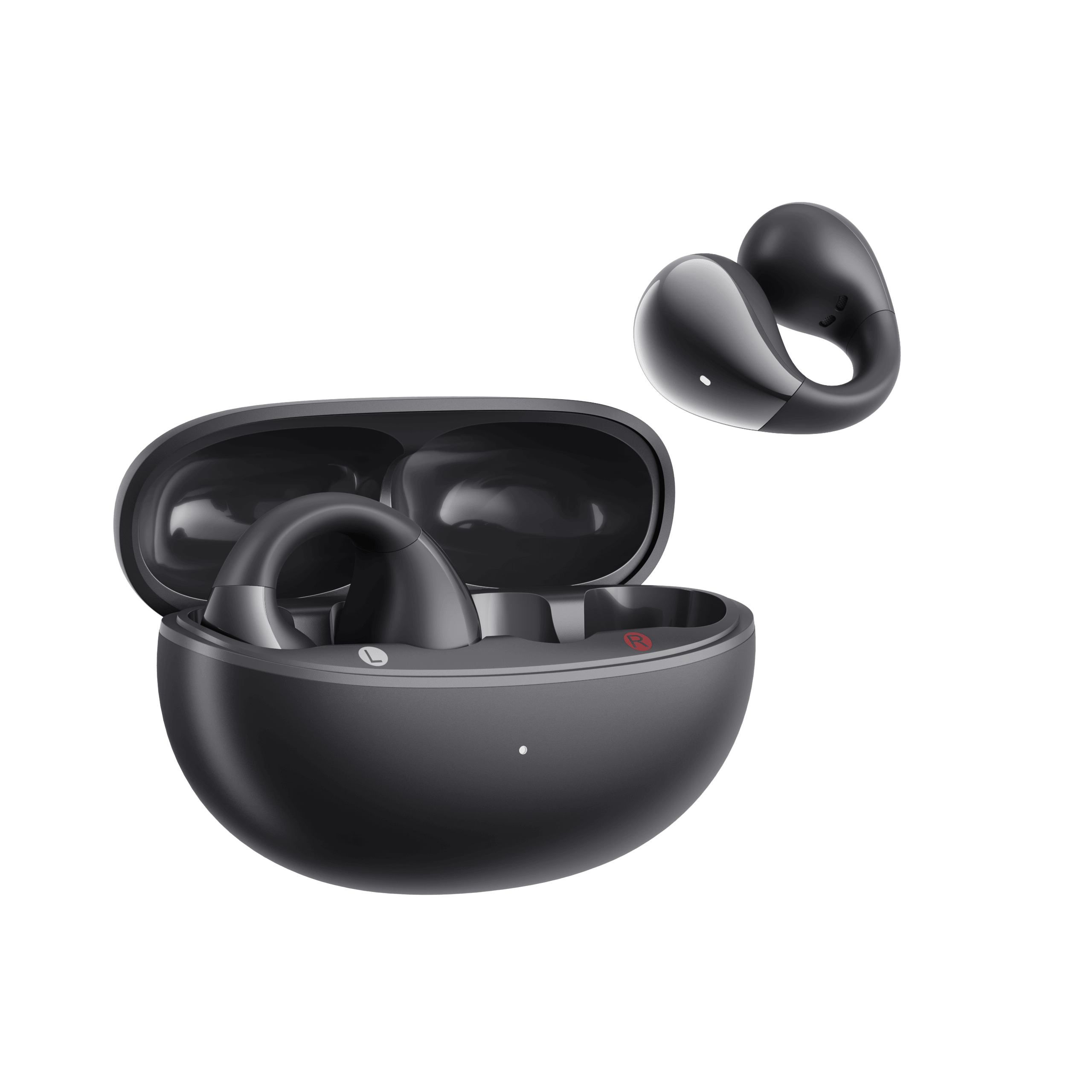 Black QCY Crossky C30 with open case and floating earbud showing ergonomic design on light background.