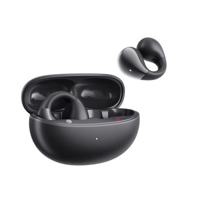 Black QCY Crossky C30 with open case and floating earbud showing ergonomic design on light background.