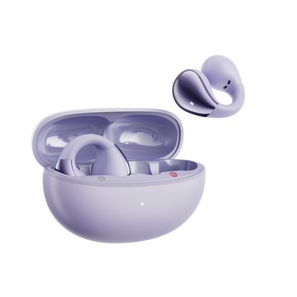 Purple QCY Crossky C30 with open case and floating earbud showing ergonomic design on light background.