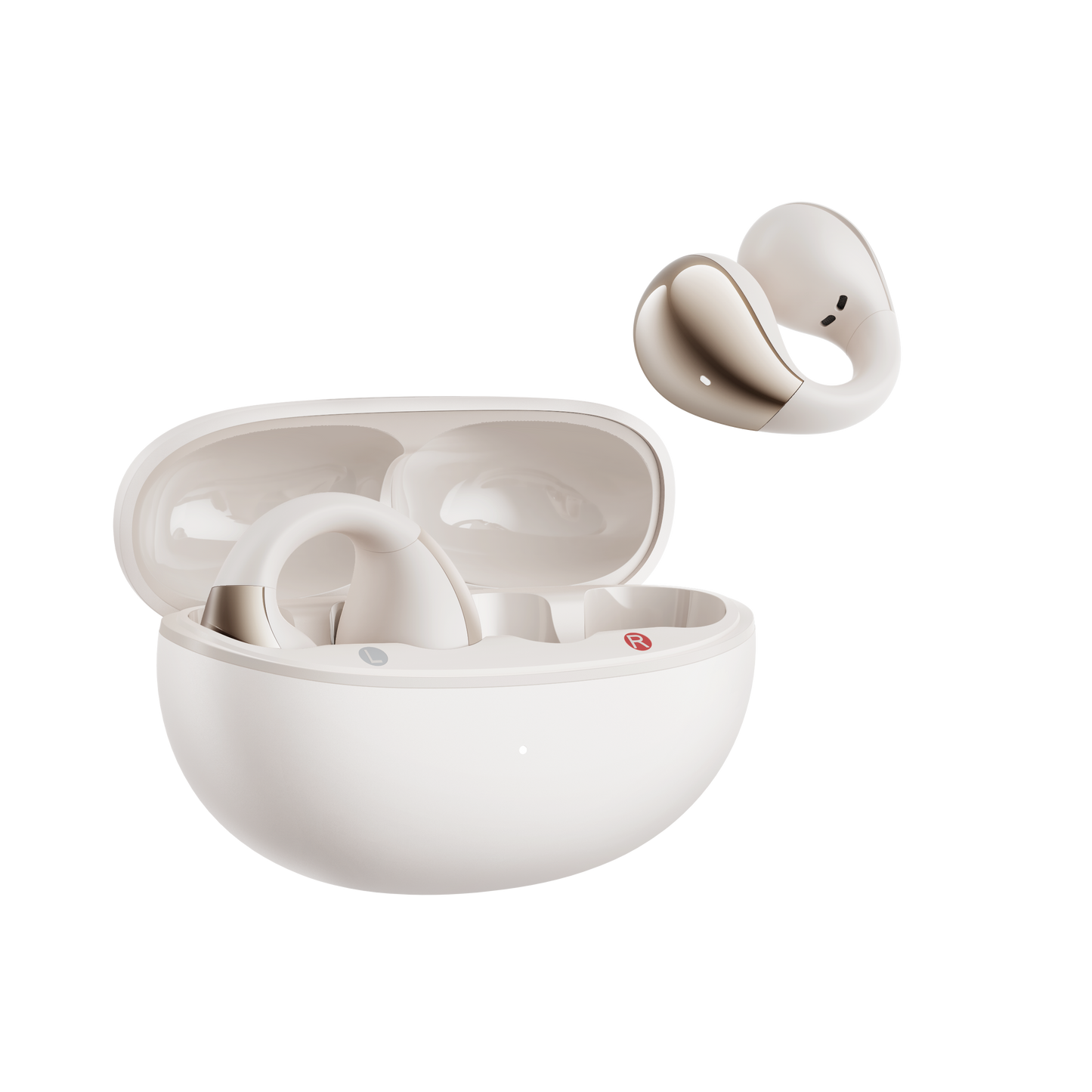 White QCY Crossky C30 with open case and floating earbud showing ergonomic design on light background.