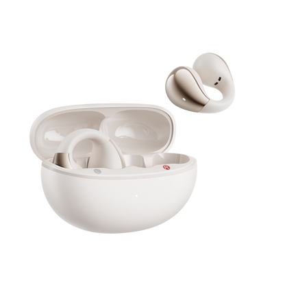 White QCY Crossky C30 with open case and floating earbud showing ergonomic design on light background.