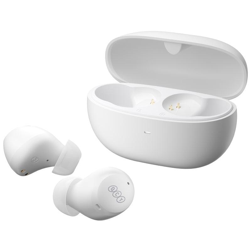 White QCY ArcBuds wireless earbuds with charging case, showing gold logo detail on earbuds on transparent background.