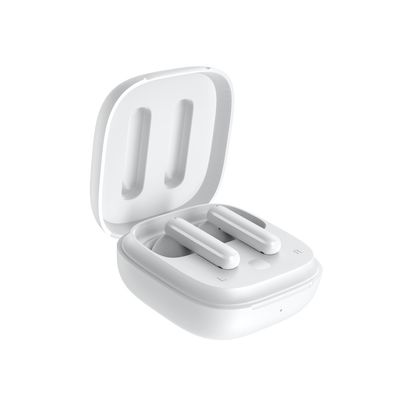 White QCY T13 ANC charging case with lid open at 45-degree angle, diagonal view showing earbuds inside