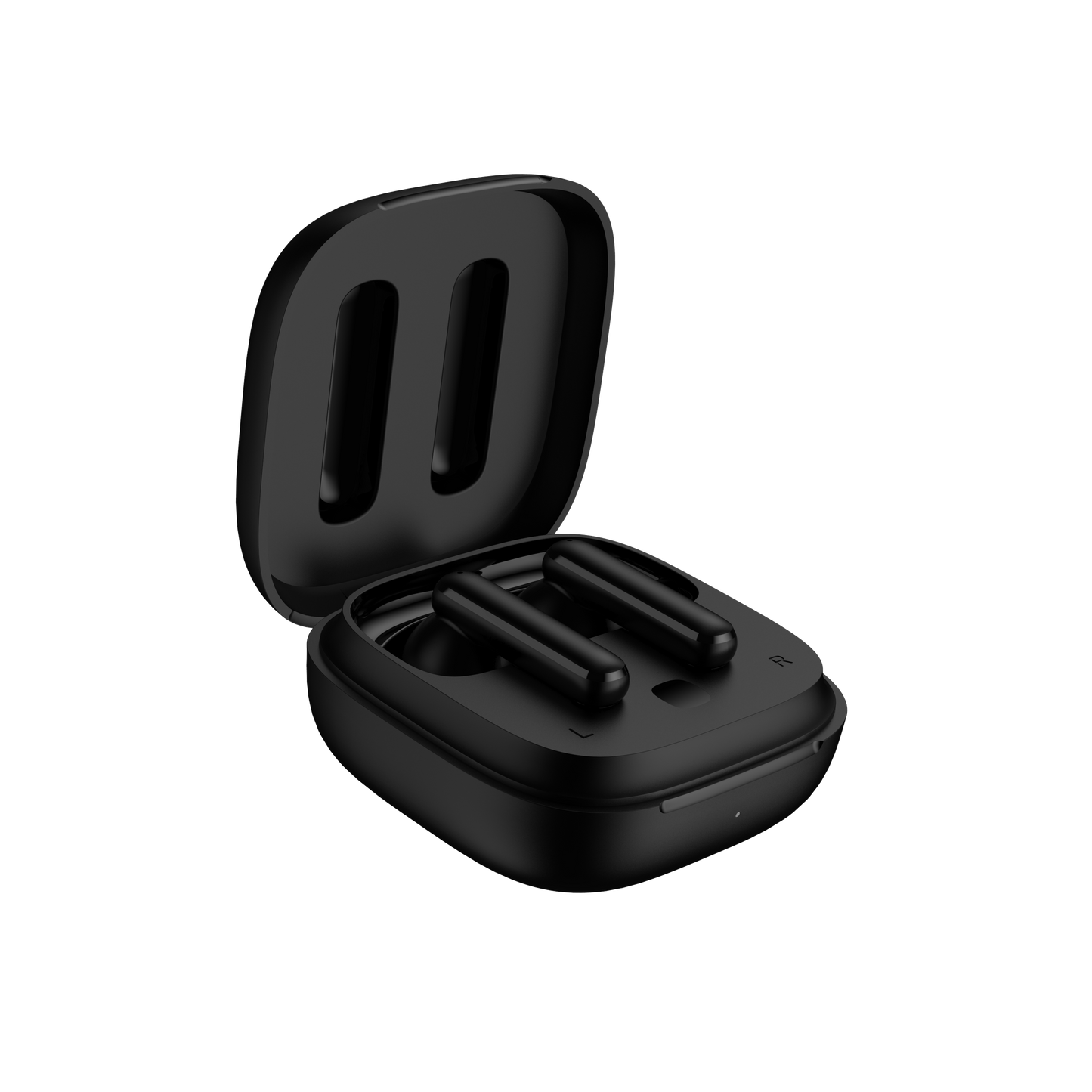 Black QCY T13 ANC charging case with lid open at 45-degree angle, diagonal view showing earbuds inside