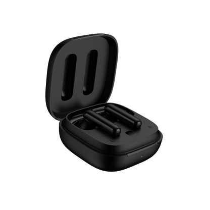 Black QCY T13 ANC charging case with lid open at 45-degree angle, diagonal view showing earbuds inside