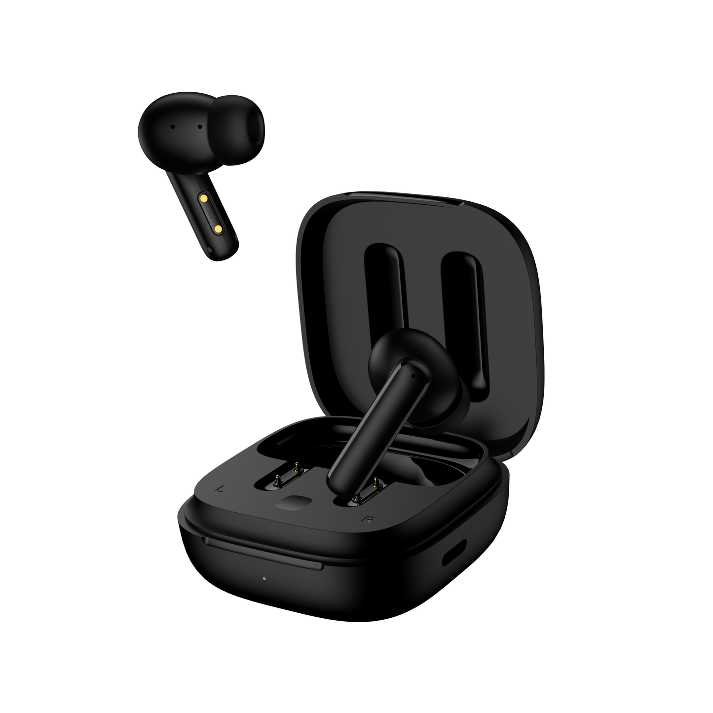 Black QCY T13 ANC with one earbud floating, side-angled view of open case showing charging contacts and LED