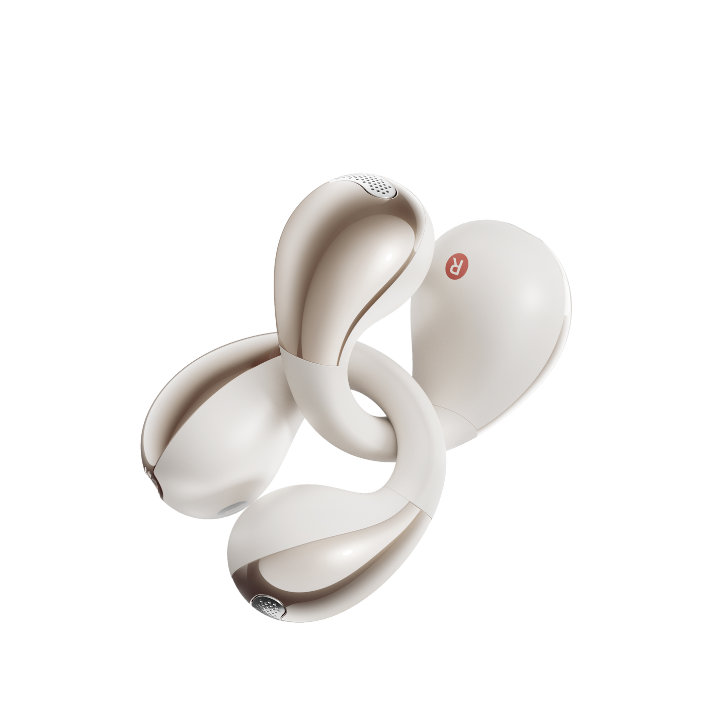 White QCY Crossky C30 earbuds arranged in artistic spiral pattern showing L/R indicators on light background.