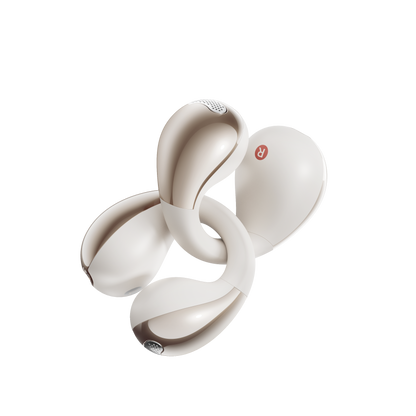 White QCY Crossky C30 earbuds arranged in artistic spiral pattern showing L/R indicators on light background.