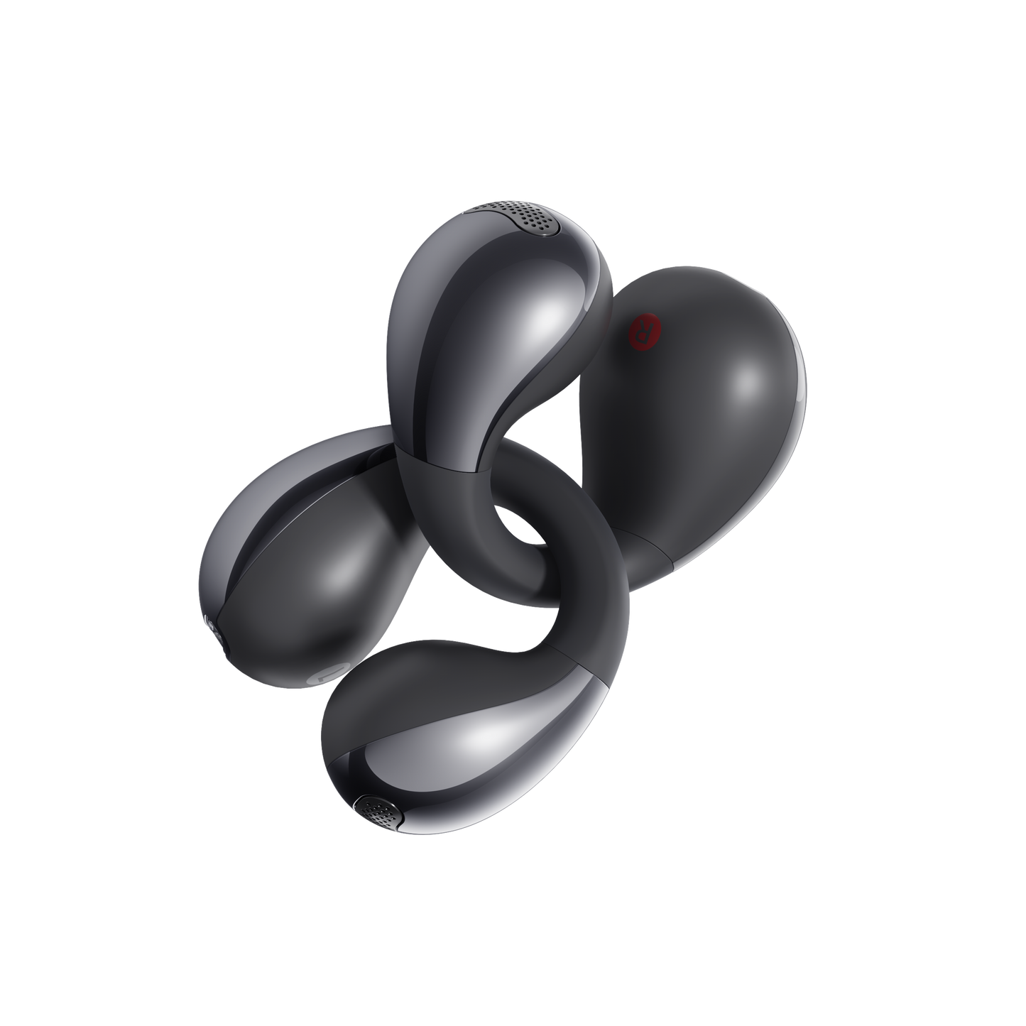 Black QCY Crossky C30 earbuds arranged in artistic spiral pattern showing L/R indicators on light background.