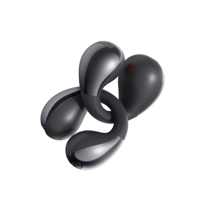 Black QCY Crossky C30 earbuds arranged in artistic spiral pattern showing L/R indicators on light background.