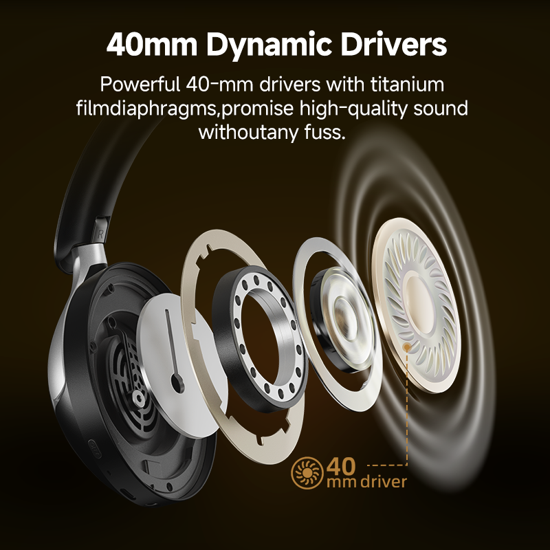 Black QCY H3 Pro headphones with 40mm dynamic drivers and titanium diaphragms, showcasing high-quality sound components.