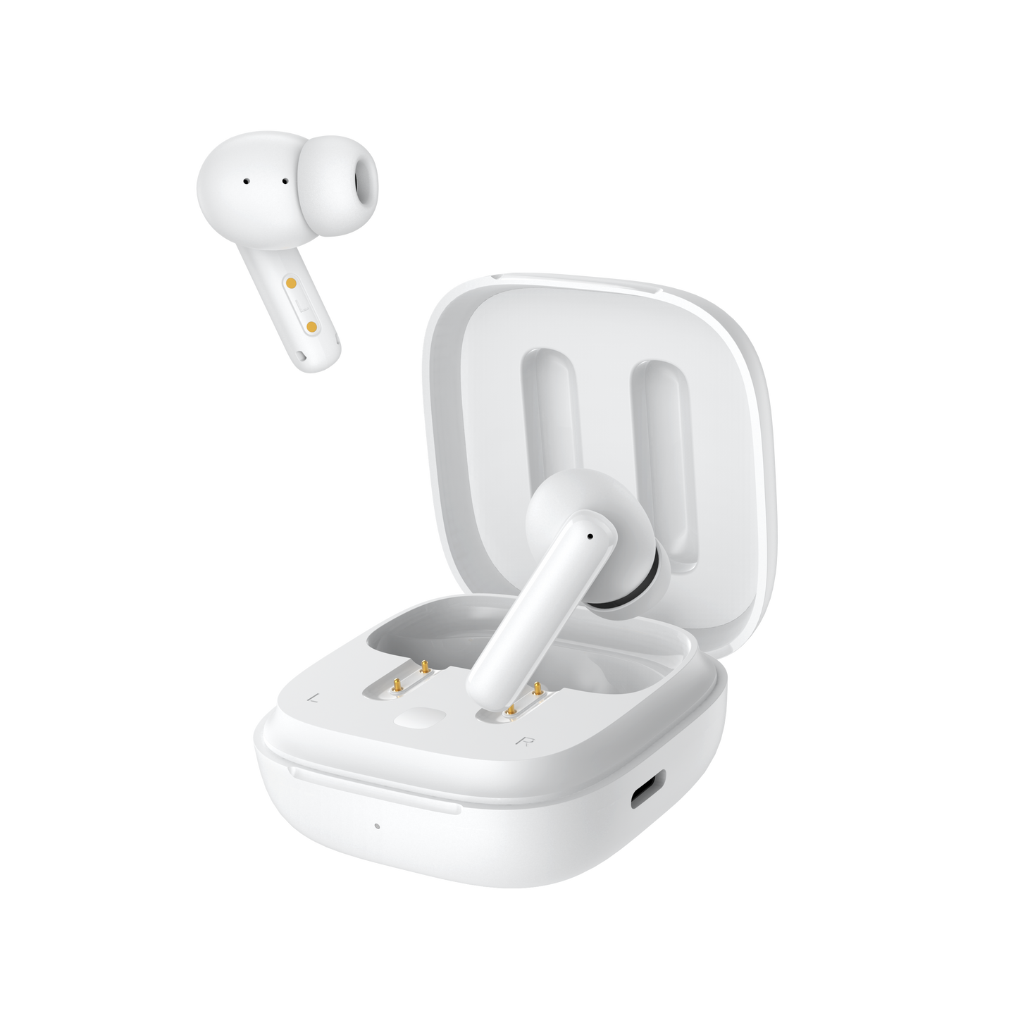 White QCY T13 ANC with one earbud floating, side-angled view of open case showing charging contacts and LED