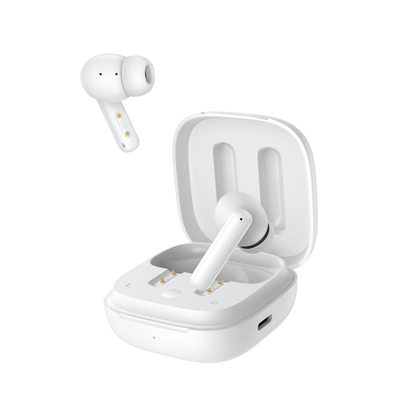 White QCY T13 ANC with one earbud floating, side-angled view of open case showing charging contacts and LED