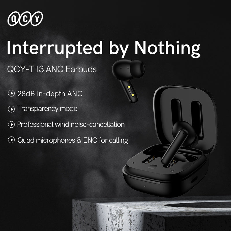 Black QCY T13 ANC featuring 28dB ANC, transparency mode and quad mics, shown with floating earbud on dark background