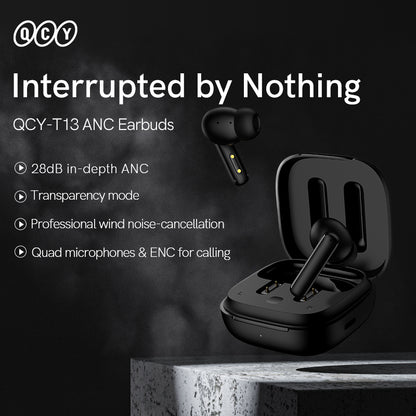 Black QCY T13 ANC featuring 28dB ANC, transparency mode and quad mics, shown with floating earbud on dark background