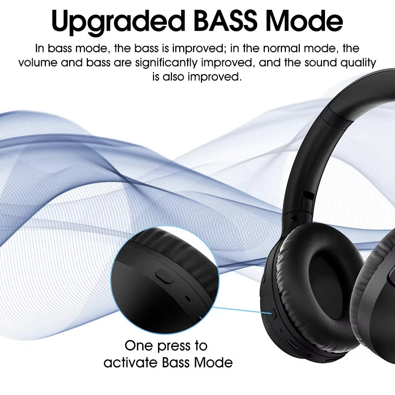 White QCY H2 Pro headphones highlighting upgraded Bass Mode, showing button to activate bass and improved sound quality