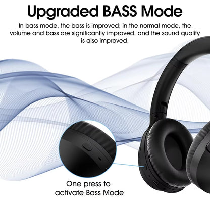 Black QCY H2 Pro headphones highlighting upgraded Bass Mode, showing button to activate bass and improved sound quality