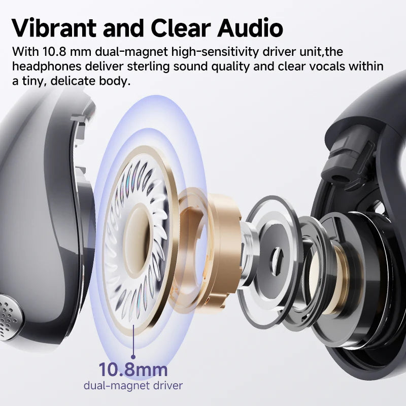 Black QCY Crossky C30 with 10.8mm dual-magnet driver, showing detailed audio components for vibrant and clear sound.