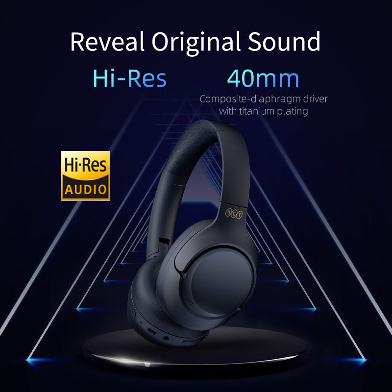 Black QCY H3 headphones with Hi-Res Audio and 40mm titanium driver, showcasing original sound quality.