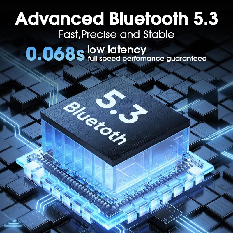 QCY H2 Pro showcasing advanced Bluetooth 5.3 technology with 0.068s low latency for fast and stable performance