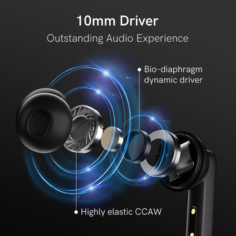 White QCY T13 ANC showcasing 10mm driver with bio-diaphragm and highly elastic CCAW, detailed view of audio components