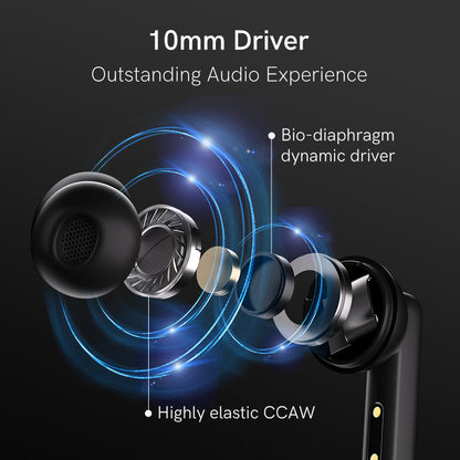 White QCY T13 ANC showcasing 10mm driver with bio-diaphragm and highly elastic CCAW, detailed view of audio components