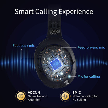 Black QCY H3 headphones with 3-mic system and VDCNN algorithm for smart calling, showing internal mic layout.