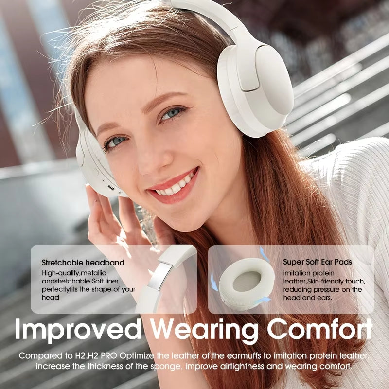 White QCY H2 Pro headphones worn by model, highlighting stretchable headband and super soft ear pads for improved comfort