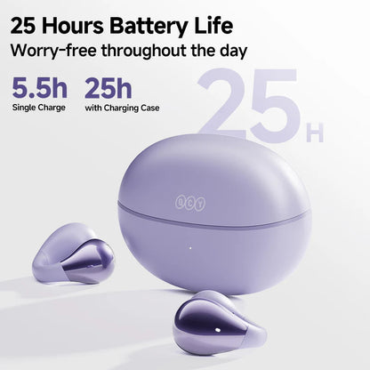 Purple QCY Crossky C30 with 25-hour battery life, showing 5.5h single charge and 25h with case on light background.