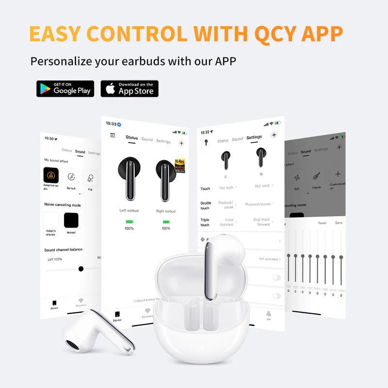 White QCY AilyBuds Pro+ with app interface showing customization features, available on App Store and Google Play.