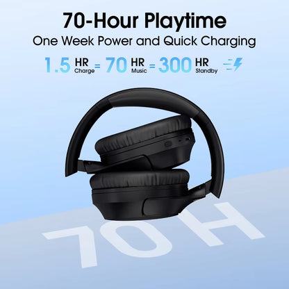 Black QCY H2 Pro headphones showcasing 70-hour playtime, with 1.5hr charge for 70hr music and 300hr standby