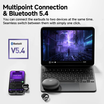 Purple QCY Crossky C30 with Bluetooth 5.4, showing multipoint connection between phone and laptop for seamless switching.