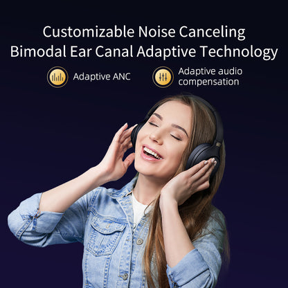 White QCY H3 headphones with customizable ANC and bimodal ear canal adaptive tech, shown on model enjoying music.