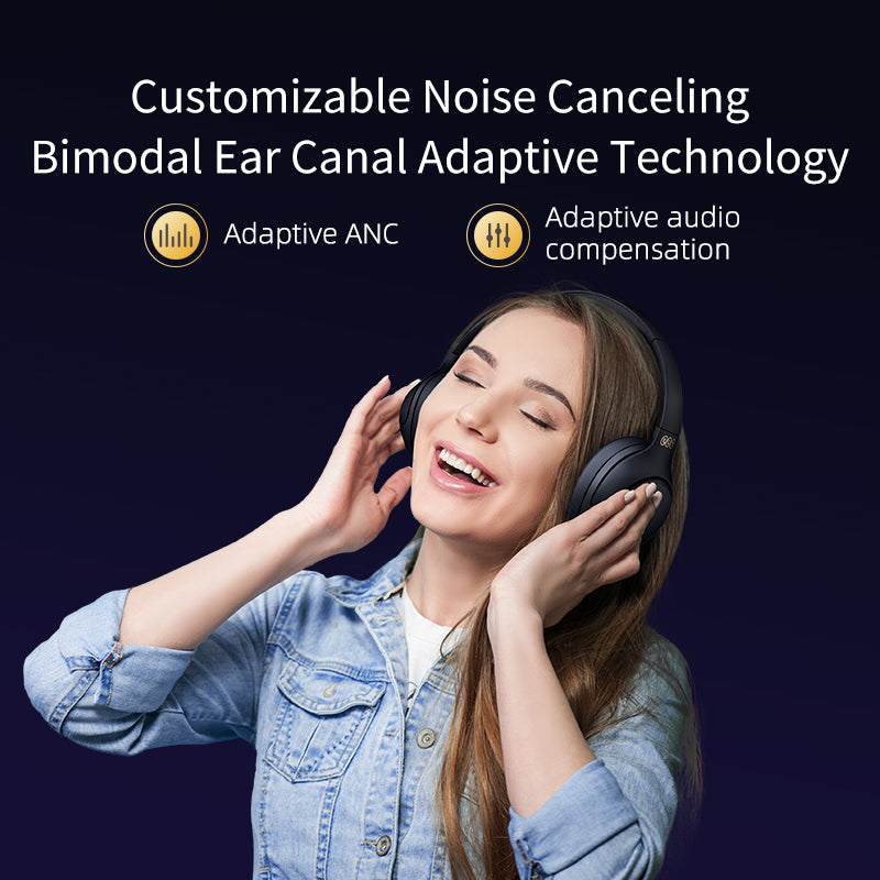 Black QCY H3 headphones with customizable ANC and bimodal ear canal adaptive tech, shown on model enjoying music.