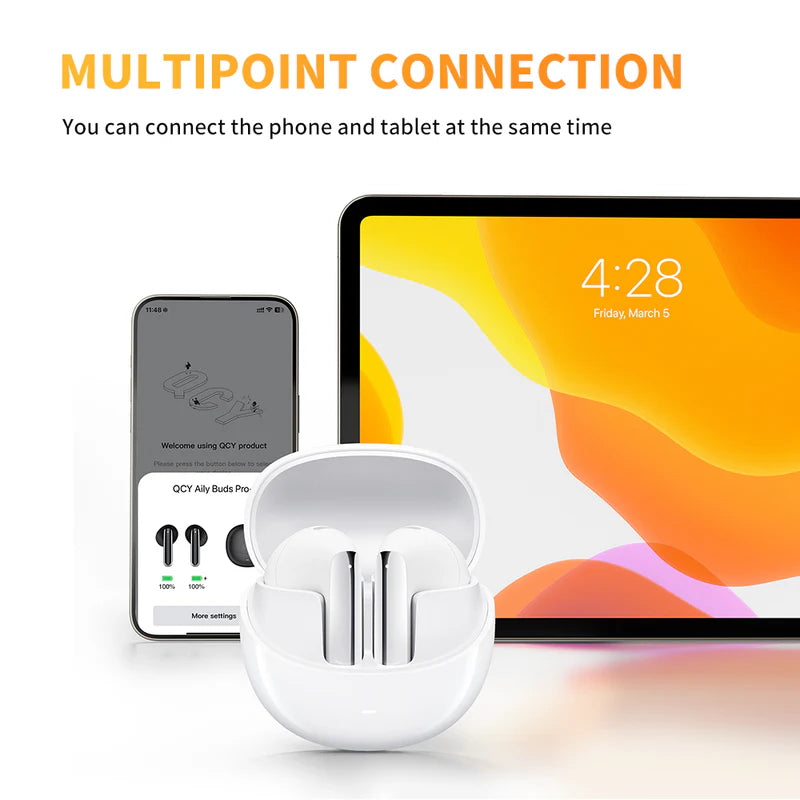 Black QCY AilyBuds Pro+ multipoint connection feature. Image shows black earbuds in charging case centered between a phone displaying QCY app interface and a tablet with orange gradient screen. Title reads "MULTIPOINT CONNECTION" with subtitle "You can connect the phone and tablet at the same time".