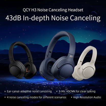 Black QCY H3 headphones with 43dB noise canceling, adaptive ear-canal fit, 3-mic VDCNN, and Hi-Res Audio.