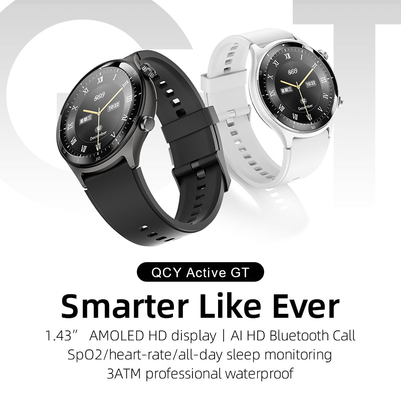 QCY Active GT smartwatches in black and white, highlighting their features.