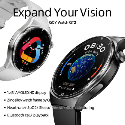 QCY Watch GT2 smartwatches in white and black displaying feature screens, Expand Your Vision slogan and product specs