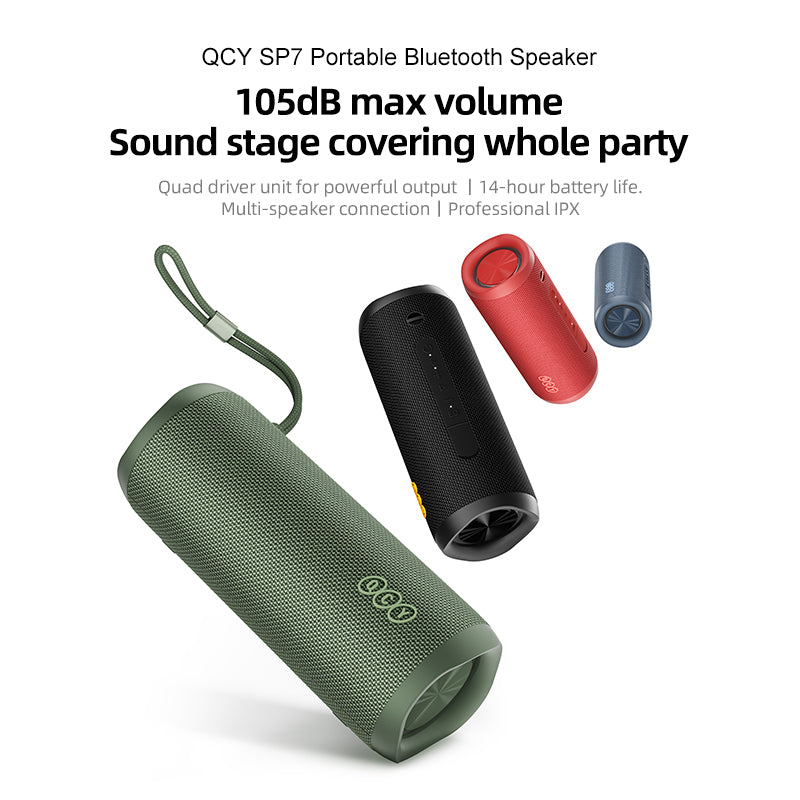 QCY SP7 speaker collection highlighting its features and colors.