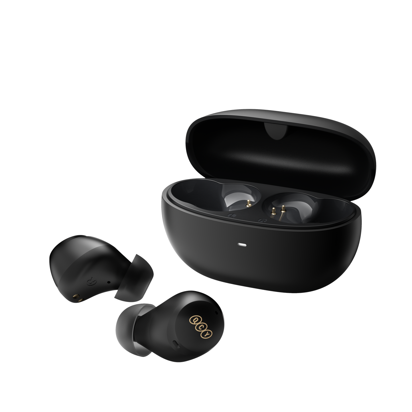 Black QCY ArcBuds wireless earbuds with charging case, showing gold logo detail on earbuds on transparent background.