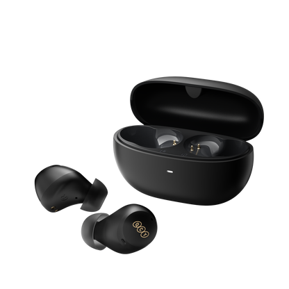 Black QCY ArcBuds wireless earbuds with charging case, showing gold logo detail on earbuds on transparent background.