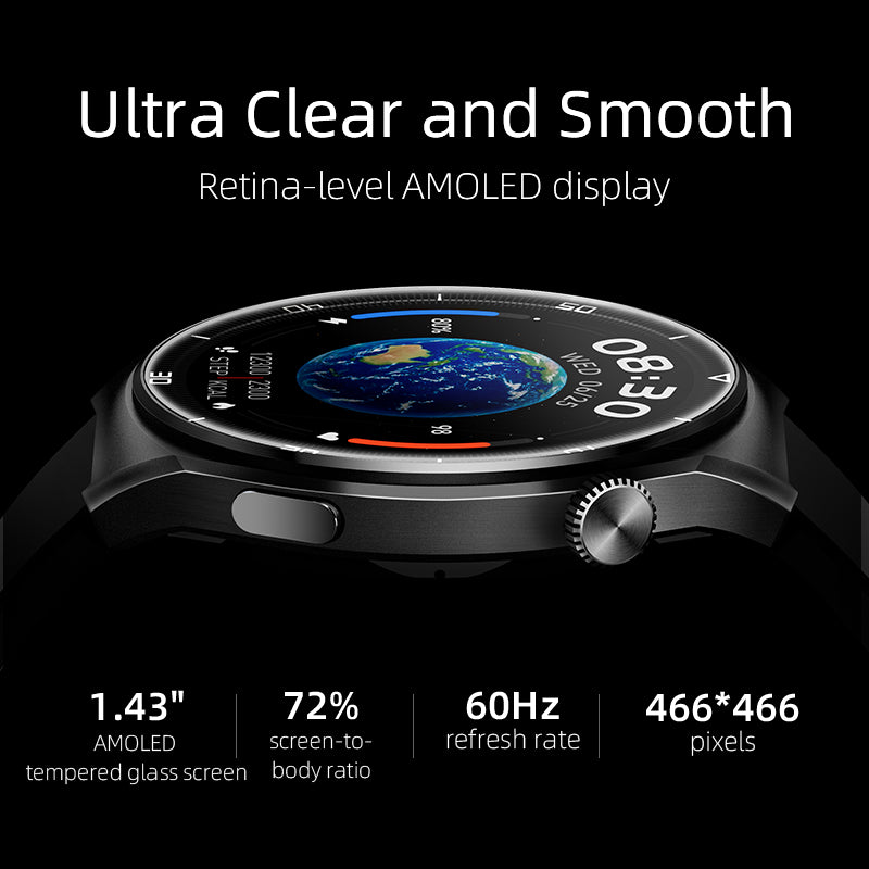 Black QCY Watch GT2 showcasing a 1.43" AMOLED display with 72% screen-to-body ratio, 60Hz refresh rate, and 466x466 pixels